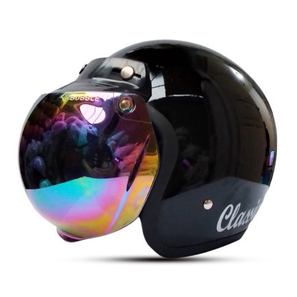 Helm Bogo Retro Classic Kaca Cembung Silver Pelangi Hitam Helm SNI UNTUK Pria Dan Wanita SNI COD