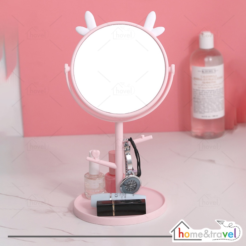 HOVELSHOP Cermin Make Up Bulat Kaca Meja Rias Standing Mirror Motif Telinga Lucu