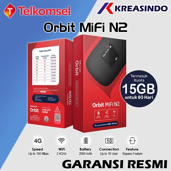 Telkomsel ORBIT Mifi N2 Bonus data Kuota HKM-M22 Modem Mifi Wifi Garansi Resmi