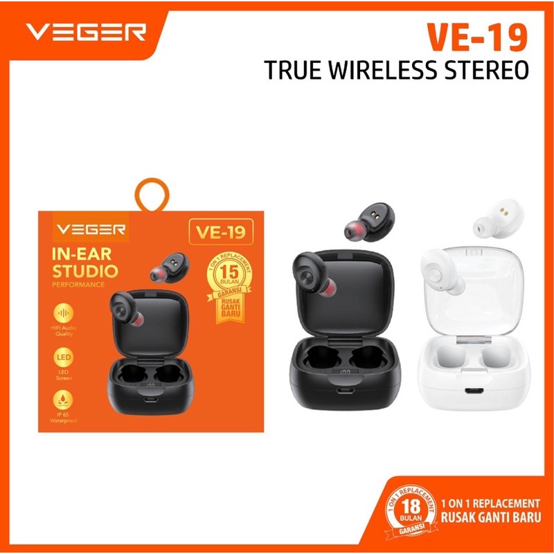 TWS Veger VE-19 Earphone Wireless - VEGER Headset Tws VE-19 In Ear ORIGINAL