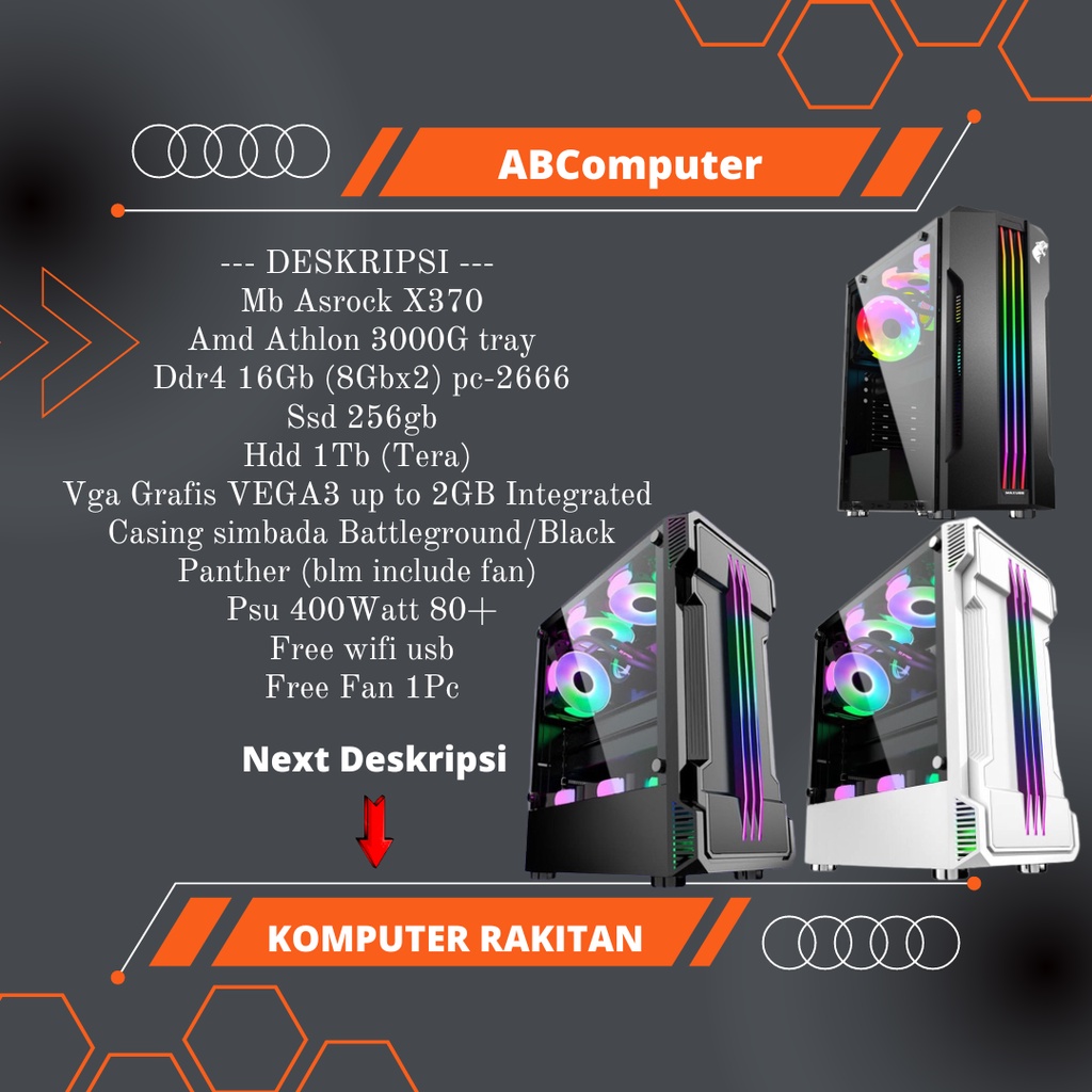 pc rakitan komputer amd athlon 3000g ddr4 16gb ssd 256  mantap