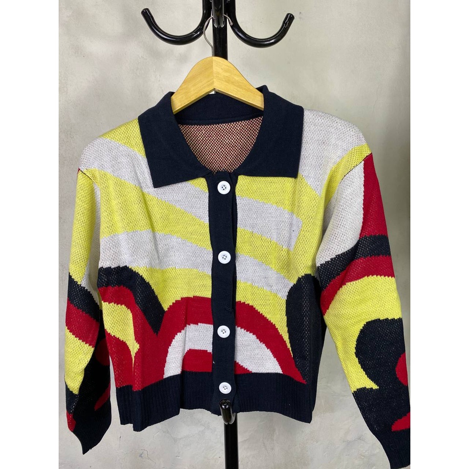 Cardigan Rajut Crop Top Rainbow Tebal Premium