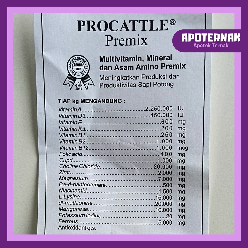 PROCATTLE PREMIX 1 kg | Meningkatkan Produksi dan Produktivitas Sapi Potong | Multivitamin, Asam Amino, Mineral | VADCO