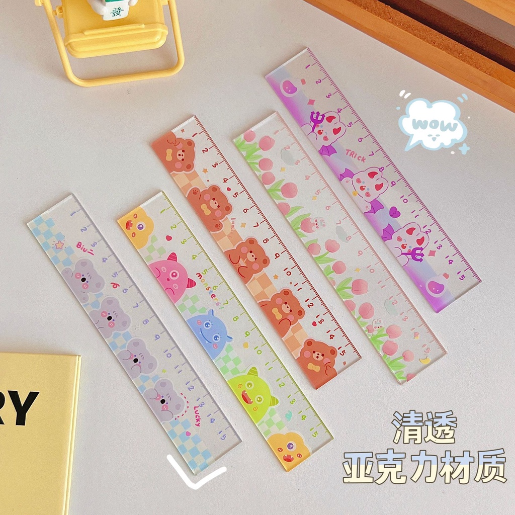 Penggaris Lucu Korea bentuk line conny putih, 15/20 cm garisan imut bentuk beruang ice creame pink biru kuning koala beruang bunga monster