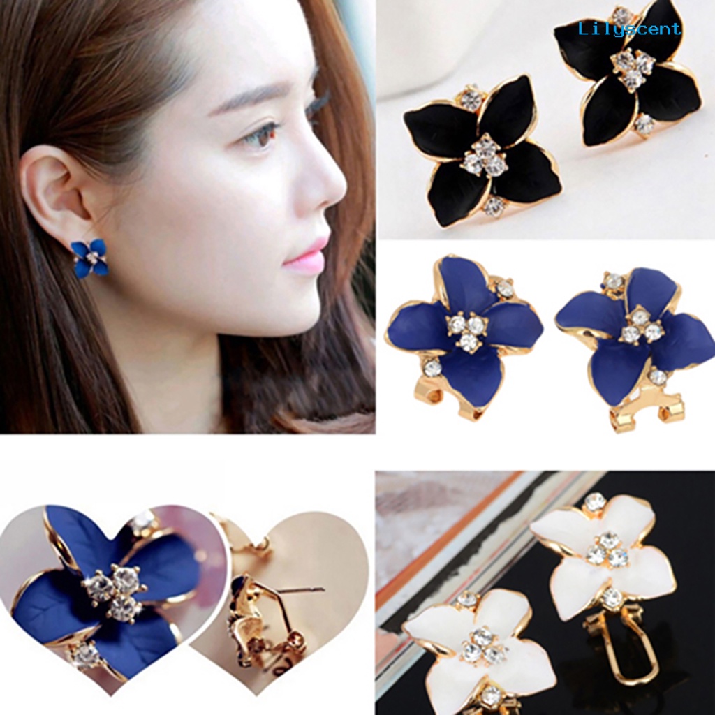 [LS] 1pasang Wanita Fashion Elegan Kristal Imitasi Camellia Ear Studs Earrings Perhiasan Untuk Pakaian Sehari-Hari