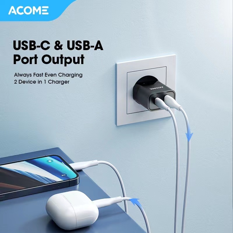 Charger 30W ACOME ACG30 PRO GaN Fast Charging PD/QC 3.0 Dual Port Support Laptop/iPad Garansi Resmi 12 Bulan RECOMENDED