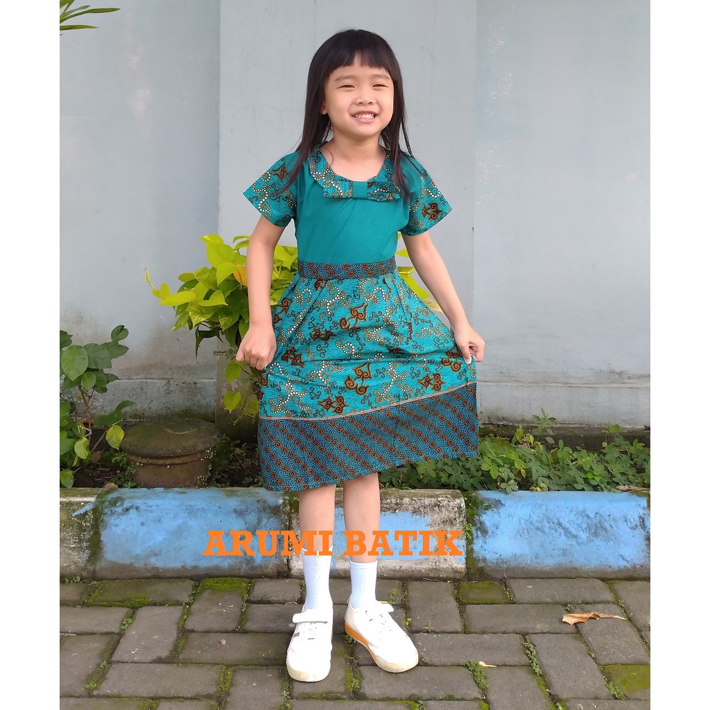 Dress Baju Batik Sekolah Anak Perempuan Balita TK SD PAUD BALITA 2897 Hijau Tosca