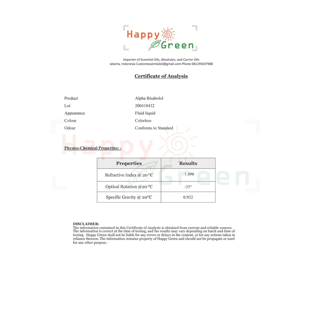 Happy Green Alpha bisabolol Oil (10 ml) - MInyak Levomenol Candeia