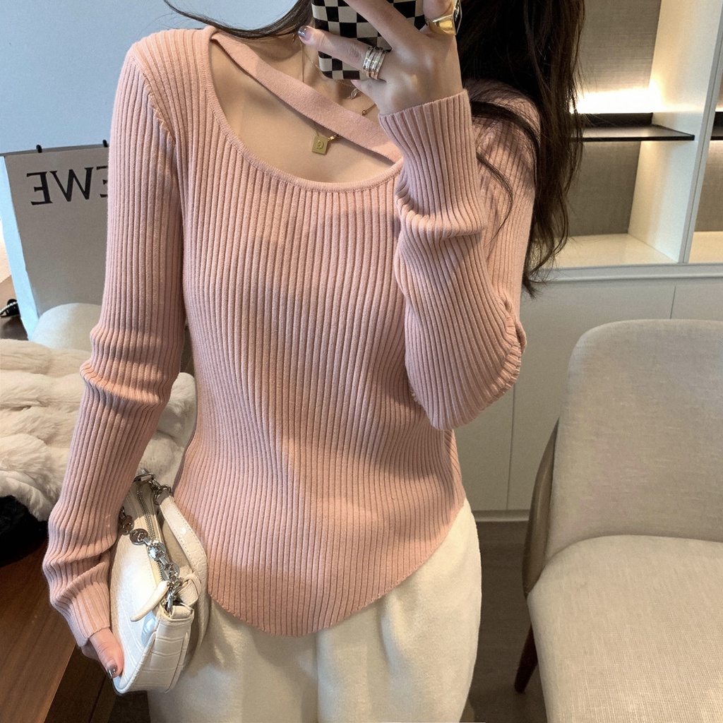 Red Sweater wanita musim gugur dan musim dingin selera desain ceruk French square collar bottoming shirt top dengan gaya asing sweter rajutan tebal tipis