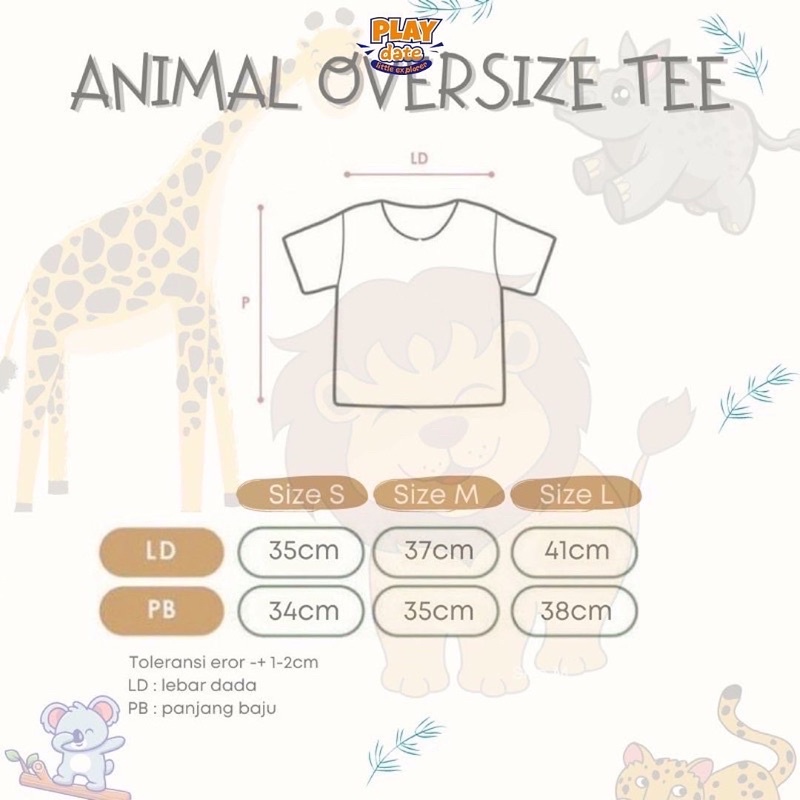 Playdate Animal Korean Oversize Tee Baju Kaos Anak Laki Laki Perempuan Unisex Atasan Lengan Pendek Kids 1 sd 5 Tahun Katun