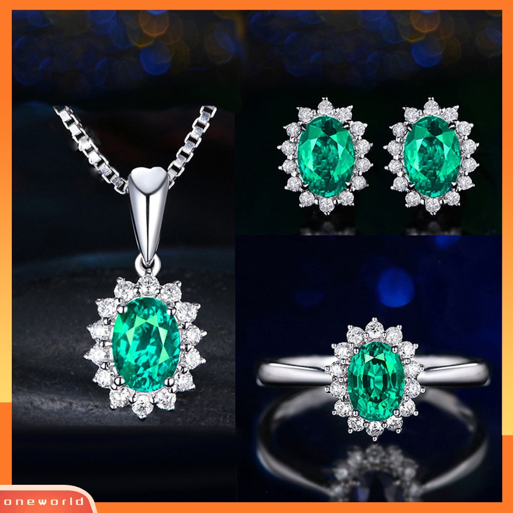 [oneworld] Wanita Berlian Imitasi Hias Oval Liontin Kalung Anting Cincin Terbuka Set Perhiasan