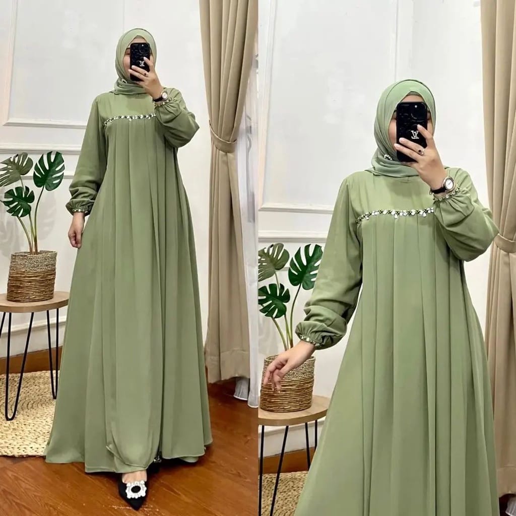 Gamis Malaysia Ceruty Babydoll Aksen Payet Tamara Dress Baju Kondangan Wanita Kekinian Gaun Pesta Muslimah