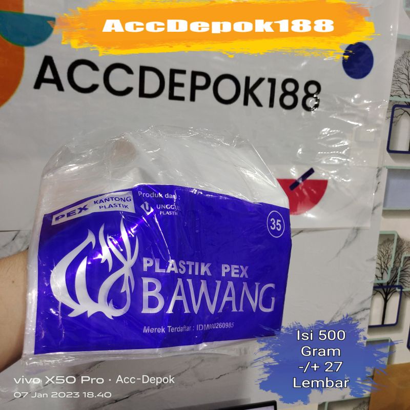 KANTONG PLASTIK PEX MEREK BAWANG UK 30 35 / KANTONG DUS 22X22 ISI 500 GRAM