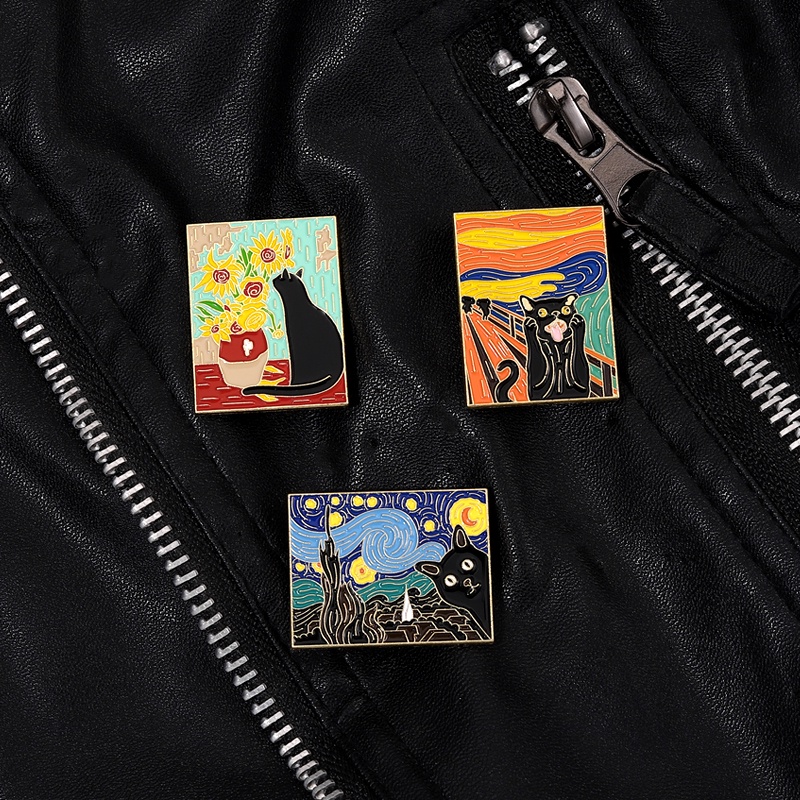 Kucing Dalam Lukisan Minyak Enamel Pin Lucu Kucing Hitam Bunga Matahari Bros Logam Lencana Kerah Pin Kartun Hewan Artistik Perhiasan Hadiah Untuk Anak-Anak Teman