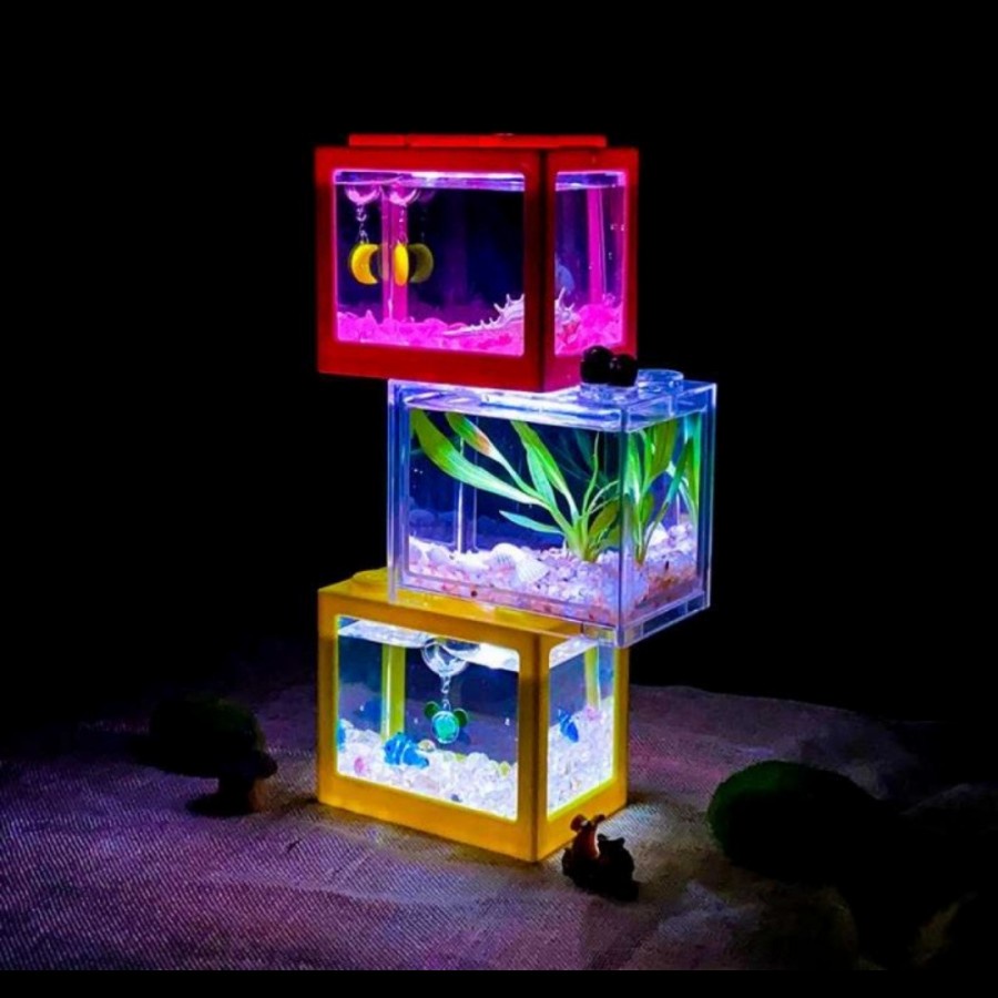 Akuarium lego cupang akrilik mini 4 sisi lampu led usb aquarium ikan A