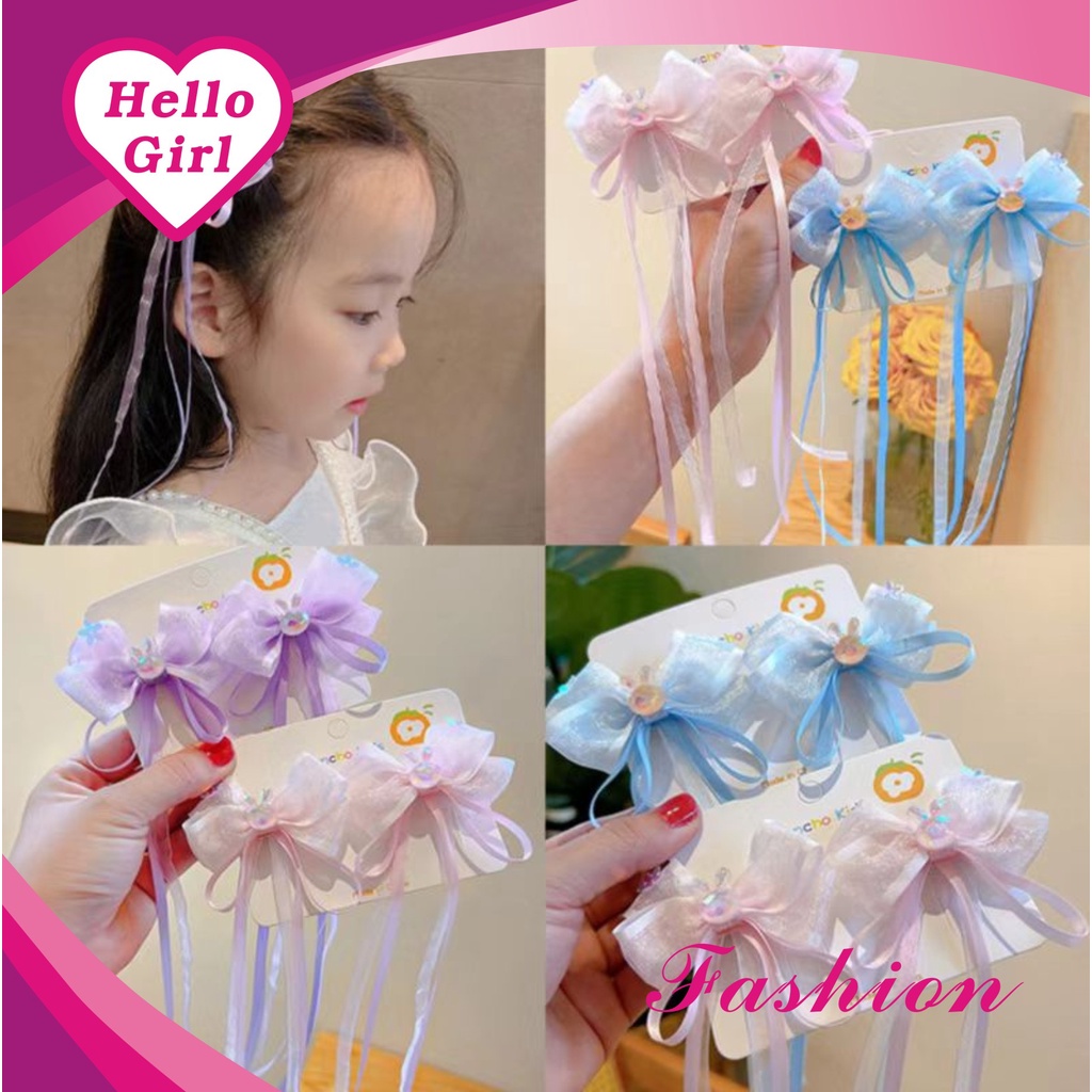 (Hello Girl)F186 Sepasang Jepitan Rambut Anak Motif Pita Panjang Kelinci Import