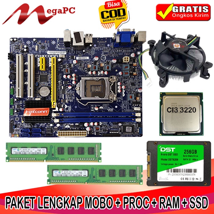 Paket Rakitan Mobo 1155 H61 DDR3 + Core i3 3220 + FAN + RAM + SSD 256GB + Windows