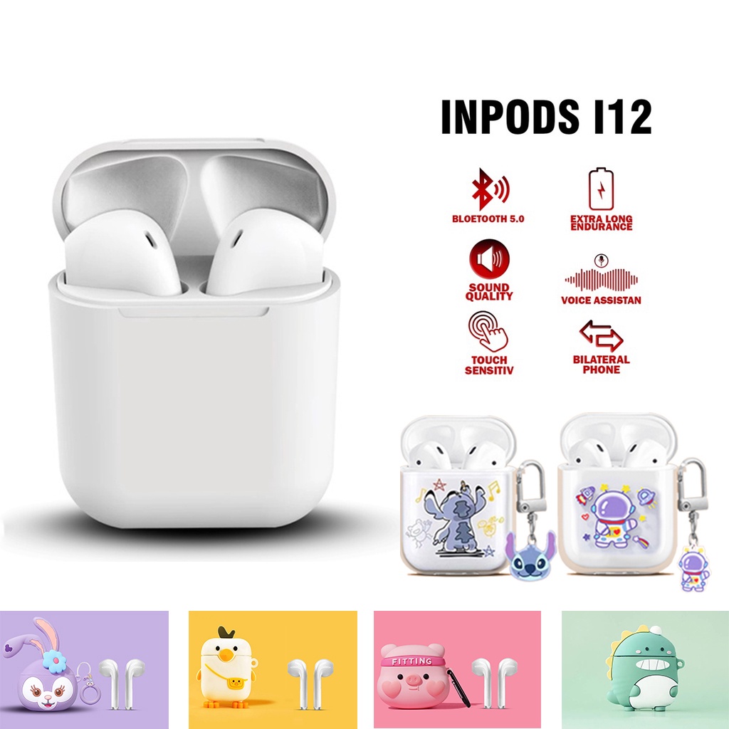 Matei Headset Bluetooth inpods i12 TWS Earphone Case Kartun Transparan True Wireless Stereo Ear HIFI