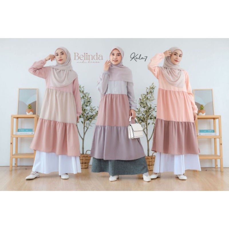 Belinda Midi Dress - Zizara - Tunik Polos Kombinasi 3 Warna Pastel - Wollycrepe