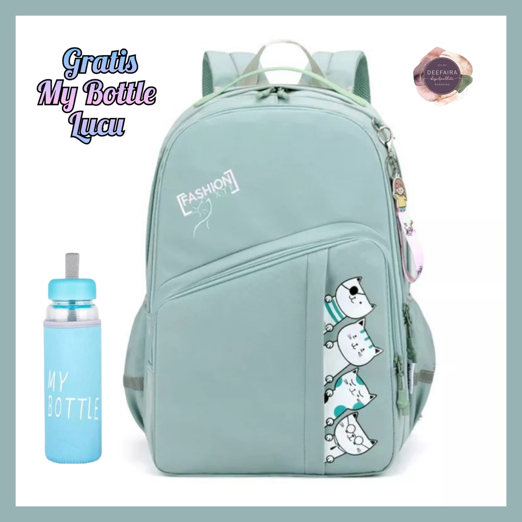 Tas Ransel Perempuan Motif 4Karakter C4tt Gratis Botol Minum Lucu Untuk Sd Smp &amp; Sma