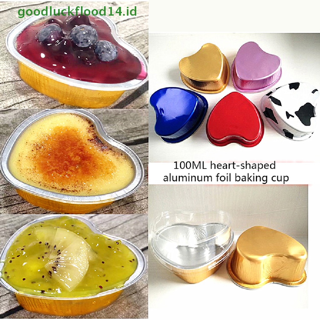 [GOOGFOUR] 10pcs Loyang Kue Aluminium Foil Bentuk Hati Cupcake Cup Dengan Tutup 3.4 Ons [TOP]