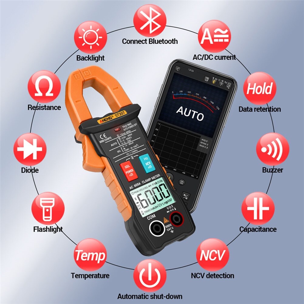 ANENG Digital Bluetooth Multimeter Voltage Tester Clamp - ST207 - Black