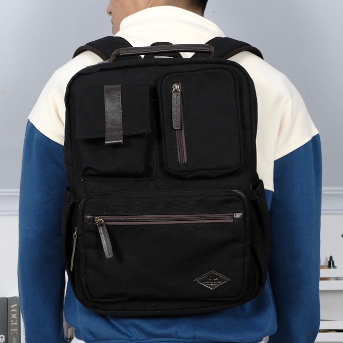 [PREMIUM] Backpack Tas Ransel Kerja Kantor Kuliah Laptop 14&quot; Kanvas Kulit Sapi Asli Eastmovin Denver Black dan Navy