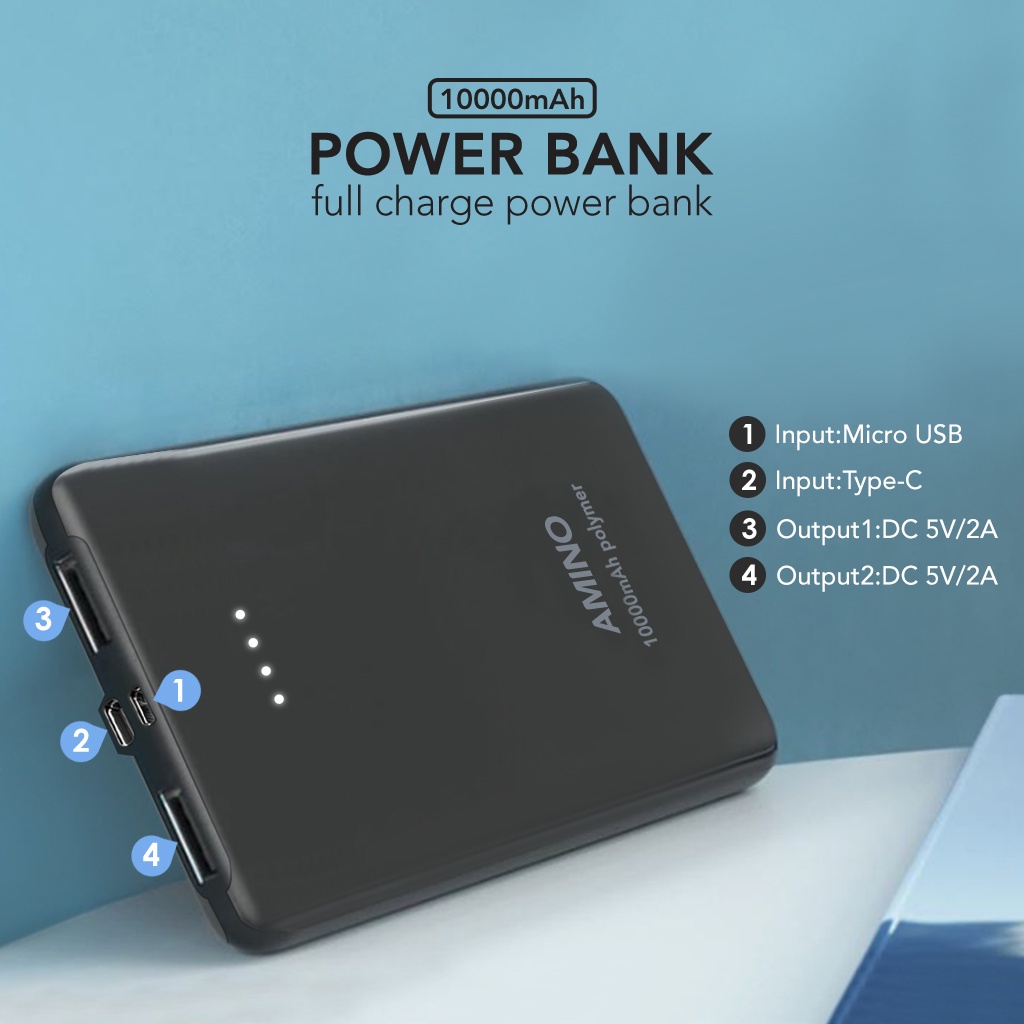 PowerBank 10000mAh Portable 37Wh 2A Quick Charge Pesawat Power Bank Amino