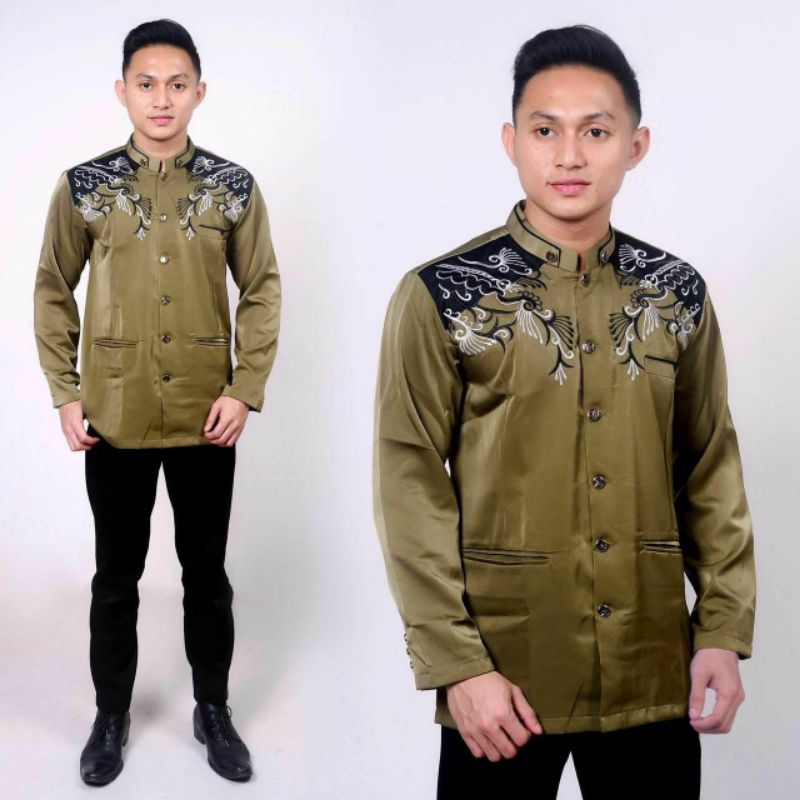 JASKO BORDIR WARNA HIJAU OLIVE BIG SIZE JUMBO M L XL XXL LENGAN PANJANG JAS KOKO PRIA COWOK BUSANA M