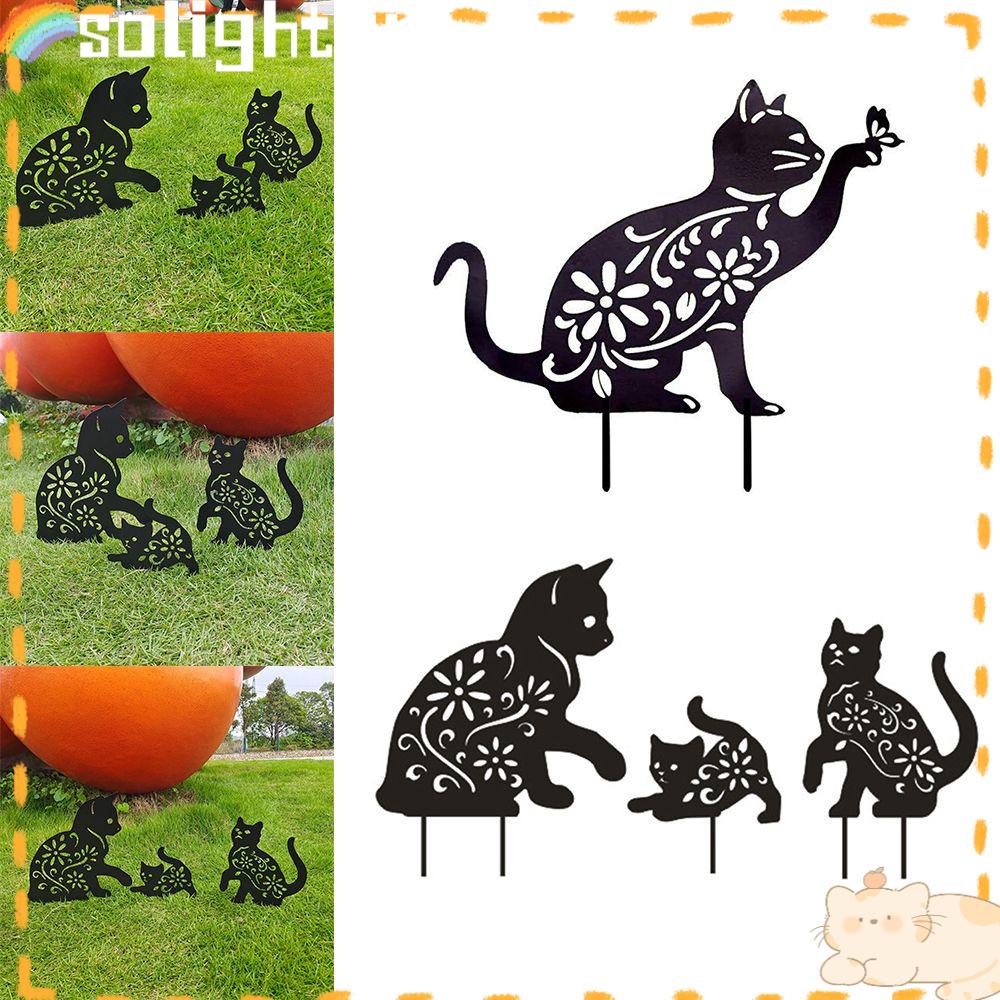 Solighter 3PCS/Set Dekorasi Kucing Besi Seni Patung Pemandangan Landak Ornamen Patung Taman Siluet Pasak