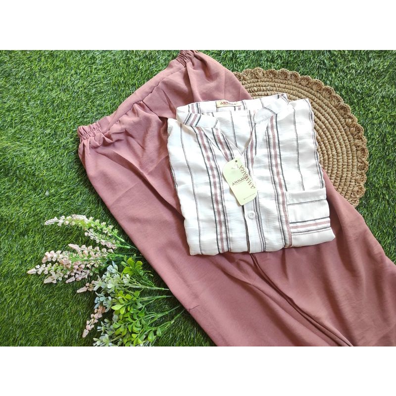 setelan wanita terbaru 2023/oneset botega cringkle/outfit terbaru/korean style/fashion modern/one set kekinian/baju jalan jalan/set crincle airflow/ootd fashion/setcelana panjang-Dusty