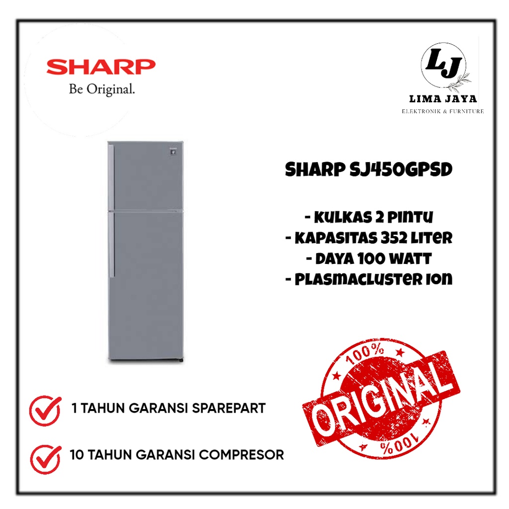 Kulkas 2 Pintu SHARP SJ450GPSD 352 Ltr Kulkas Sharp Plasmacluster-Ion