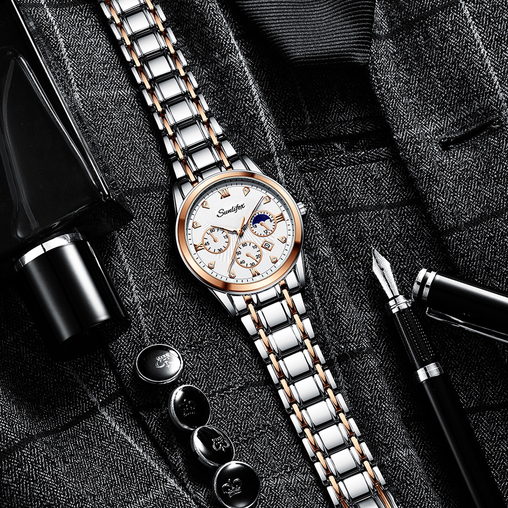 Sunlifex Jam Tangan Pria Original 9004A Kuarsa Calendar Tali Stainless Steel Mode Santai Jam Tangan Cowok-8