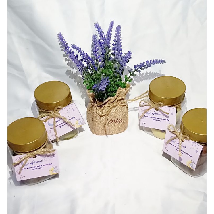 hampers cookies mini souvenir kelahiran bayi/aqiqah/1 bulanan bayi kemasan toples 200ml free hang ta