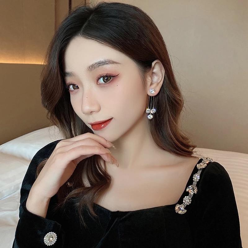 Wanita Warna Emas Perak Mewah Bulat Berlian Imitasi Rumbai Menjuntai Stud Earrings Perhiasan