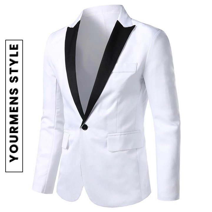 Blazer Slimfit Korea Pria Warna Putih Kerah Hitam Model Kancing 1 Bahan High Twist Original Nikayu