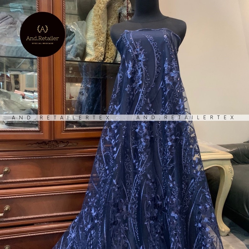 Bahan Kebaya Mewah Brokat Tile Bordir Payet Elizabeth motif3 Warna Biru Navy Dongker Biru tua