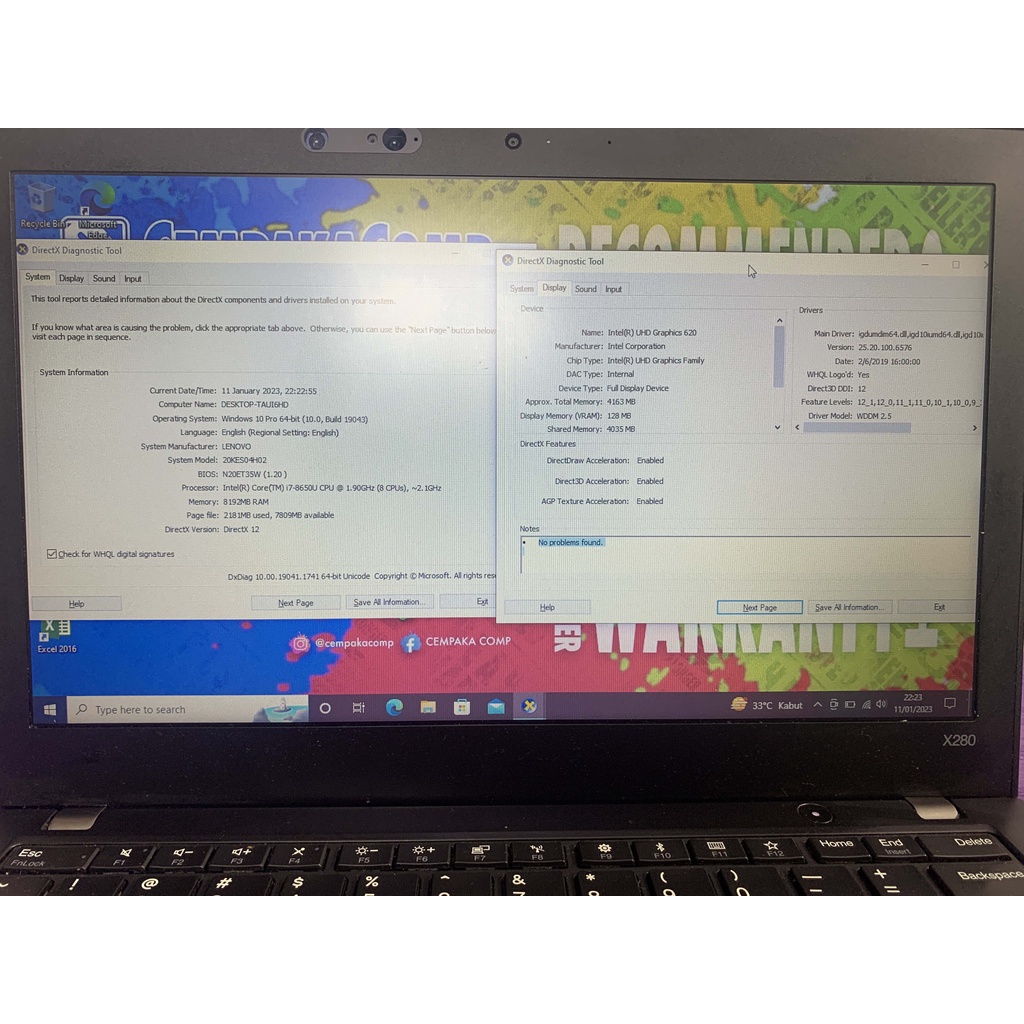 Lenovo ThinkPad X280 Core i7-8650U 16GB SSD 512GB bukan T480 T490 X390 T470 X270