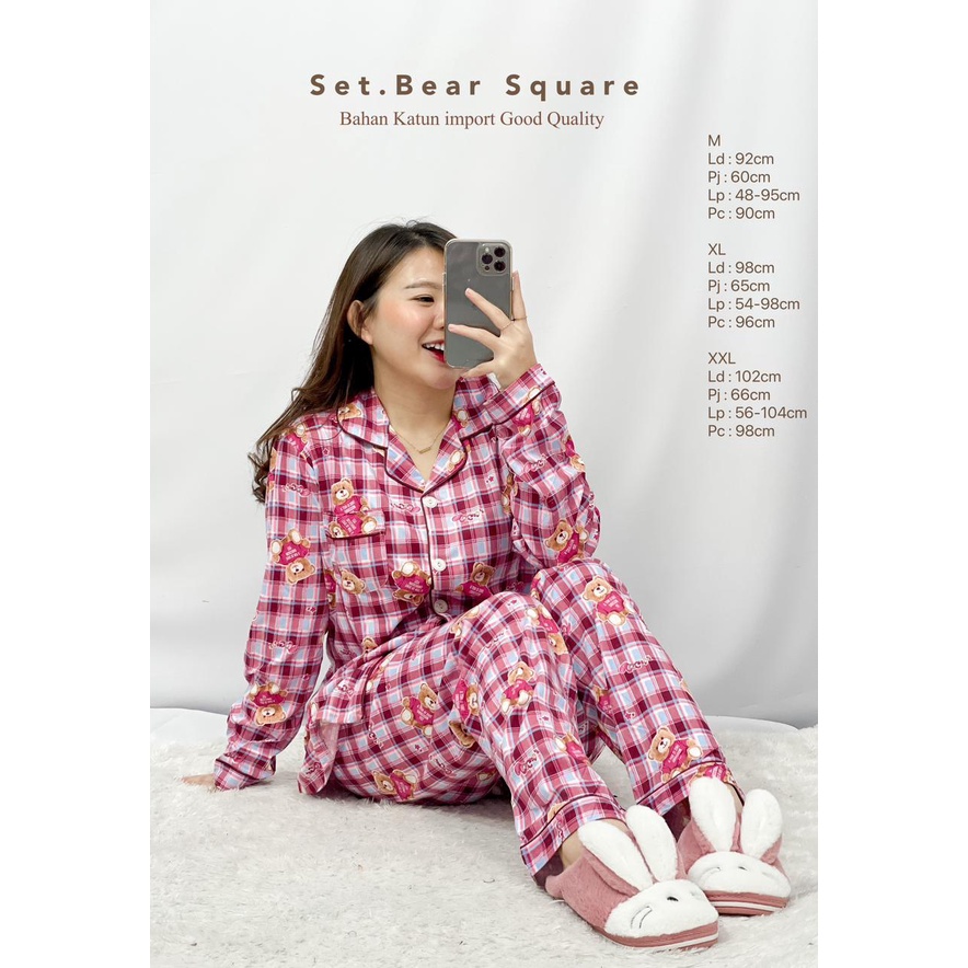 Baju Tidur Wanita Celana Panjang Set Piyama Motif Bear Square HOPYLOVY