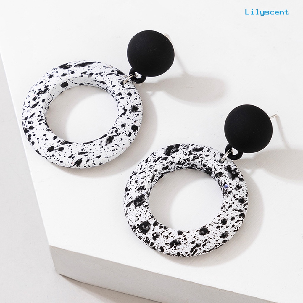 [LS] Fashion Hitam Putih Bulat Gantung Drop Menjuntai Ear Stud Earring Perhiasan Aksesori