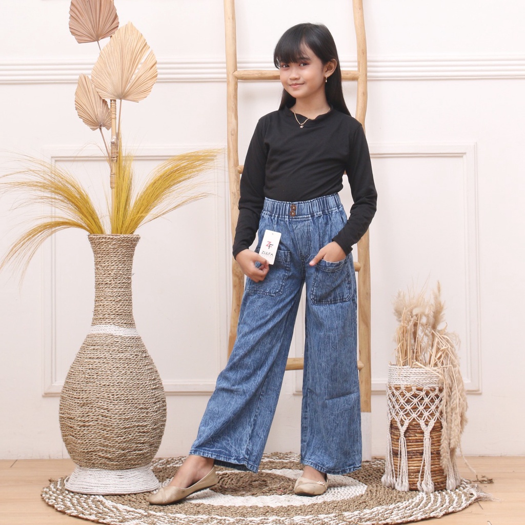 Celana Kulot Jeans Anak Saku Depan Usia 7-13 Tahun