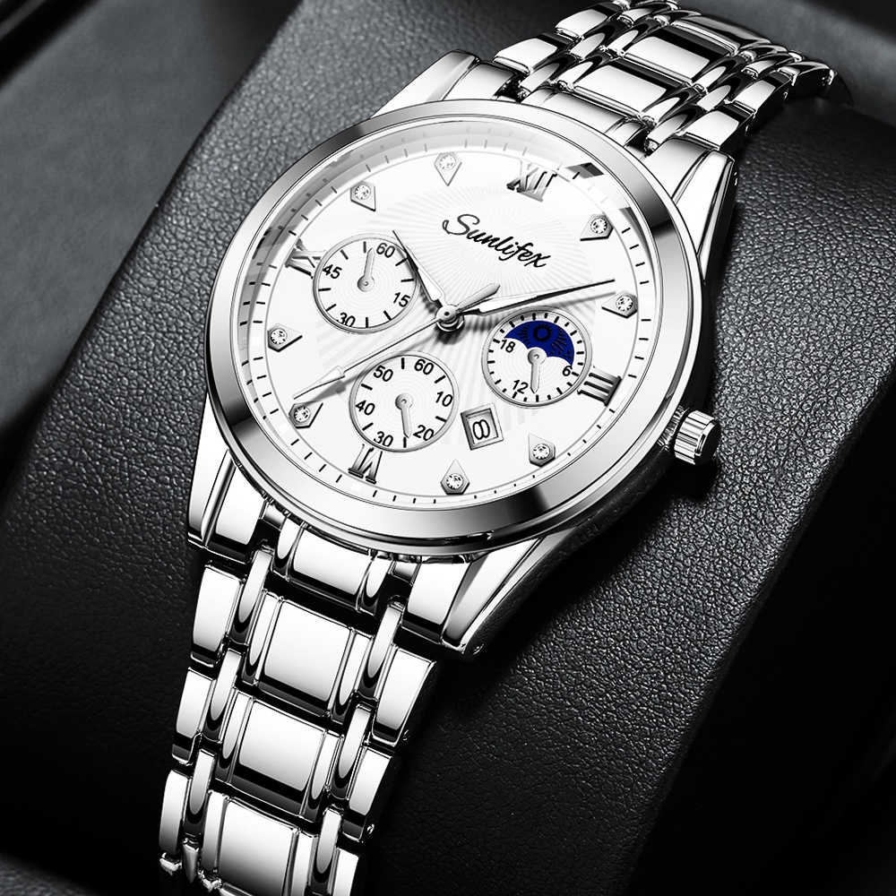 Sunlifex Jam Tangan Pria Original 9004A Kuarsa Calendar Tali Stainless Steel Mode Santai Jam Tangan Cowok-7