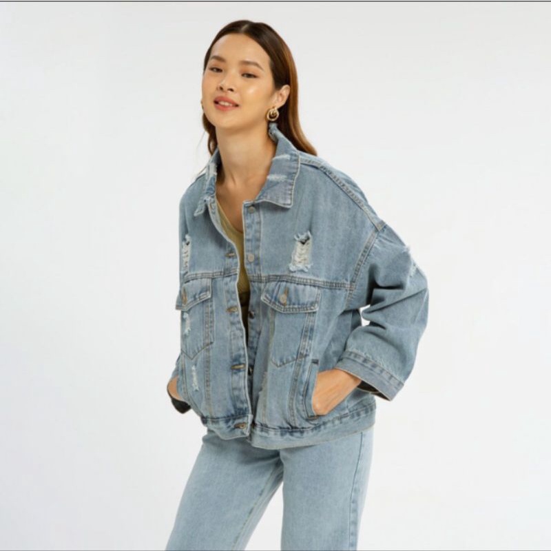 Jessy Jaket Jeans Ripped Sobek Wanita Kekinian Oversize