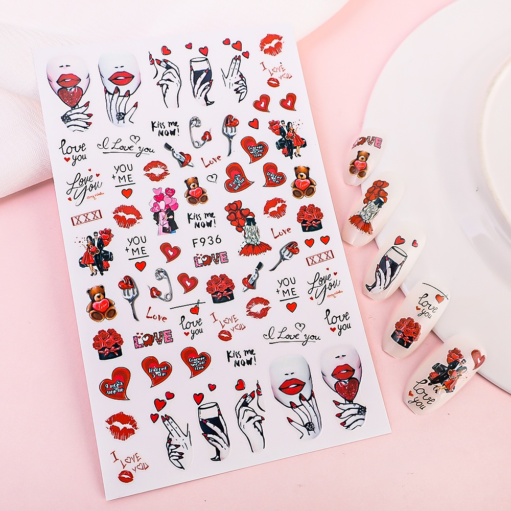[Grosir] 1pcs Lucu Kartun Beruang Dekorasi Kuku Stiker DIY Nail Art Decal Hari Valentine Perawatan Kuku Stiker