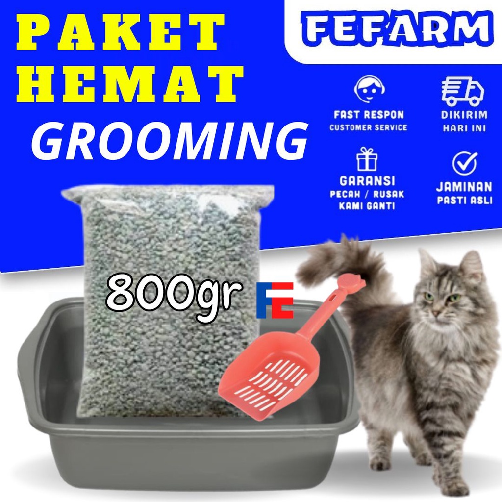 Paket Toilet Kucing Besar Bak Pasir + Sekop + Pasir 800gram 1Set Cat Litter Box Pasir Kucing FEFARM