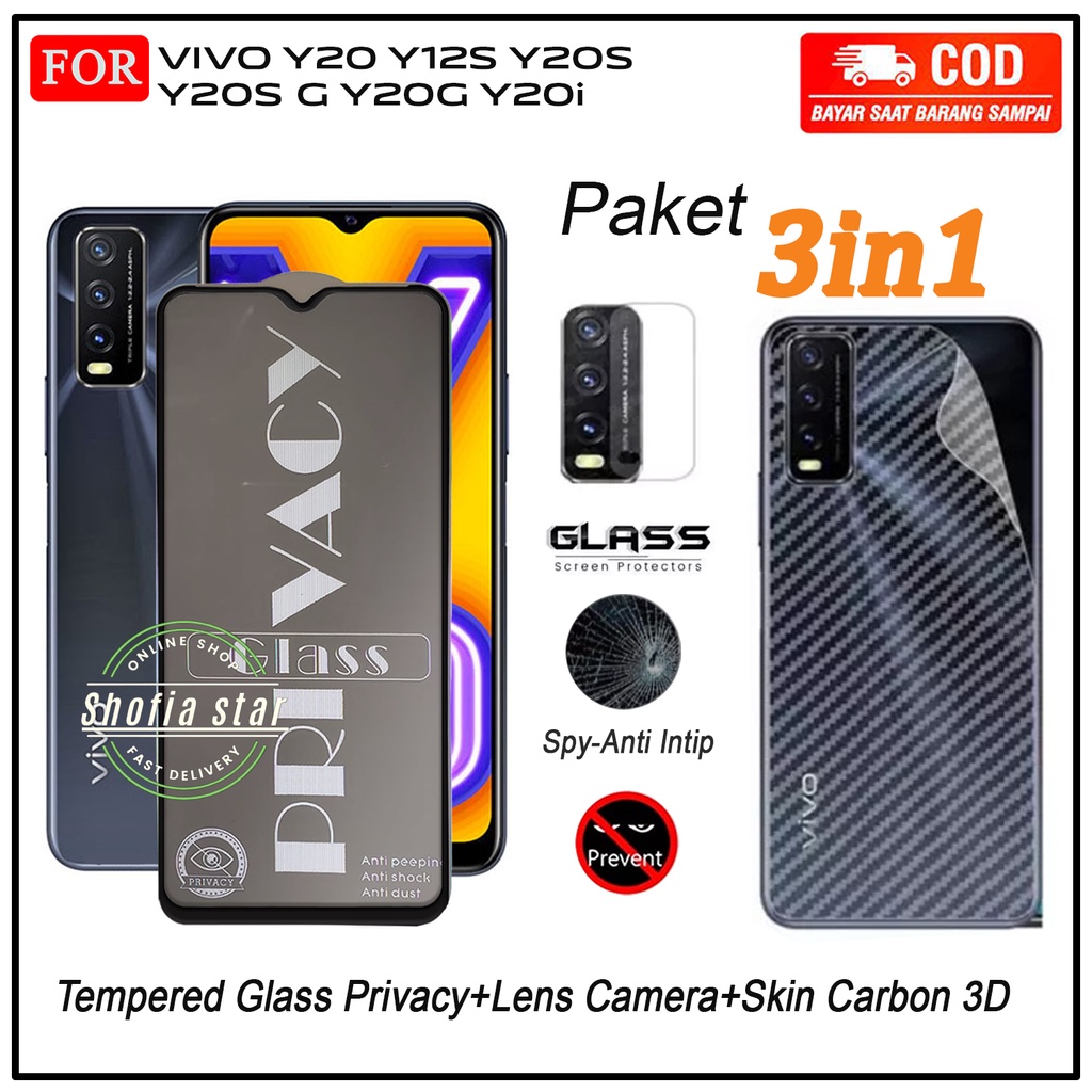 PROMO 3in1 Tempered Glass Privacy Spy Vivo Y20 Y20A Y20 G Y20i Y20s Y20s G Y12 Y12s Y21A Y21 Y21T Y21S Y33S Y33T  Anti Intip Anti Gores Kaca Full Layar