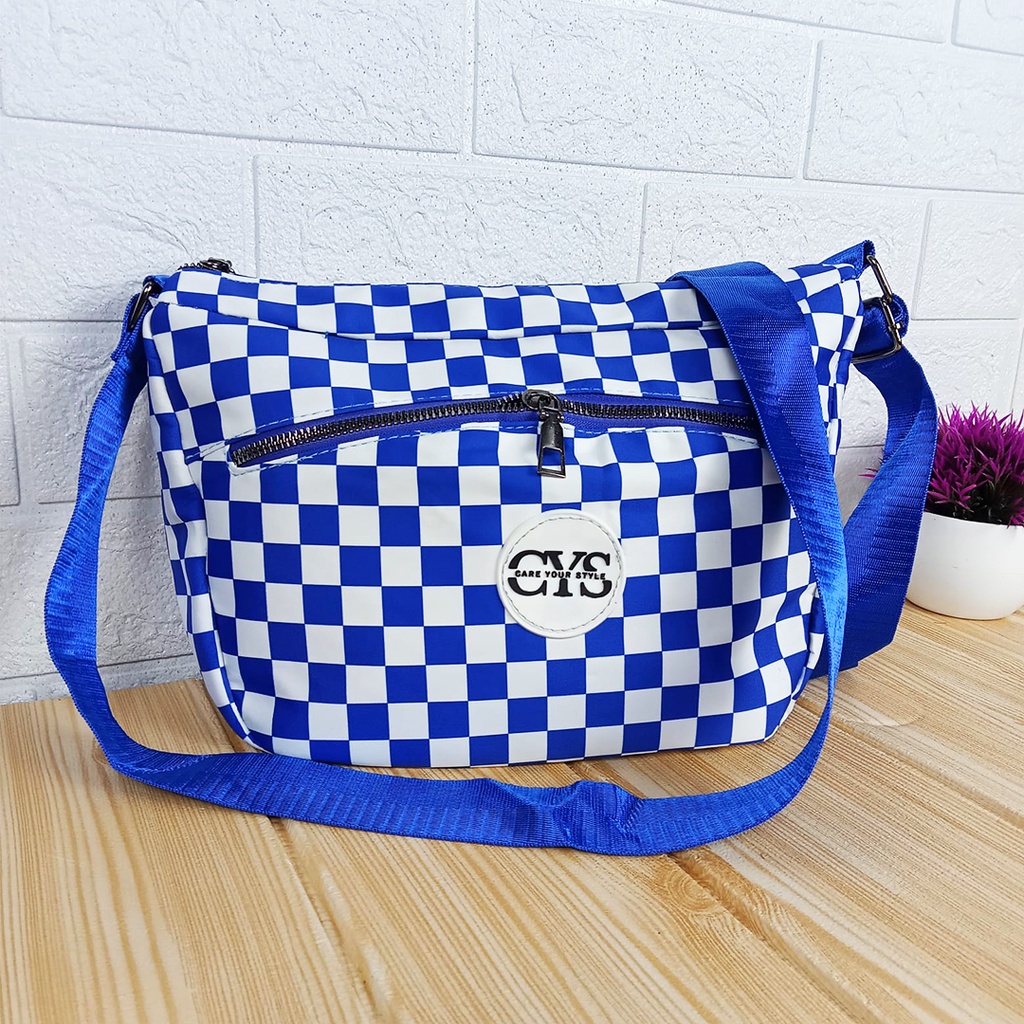 Tas Selempang Wanita Motif Kotak Sling Bag Casual Cewek Polyester Kekinian Fashion Trendy T288