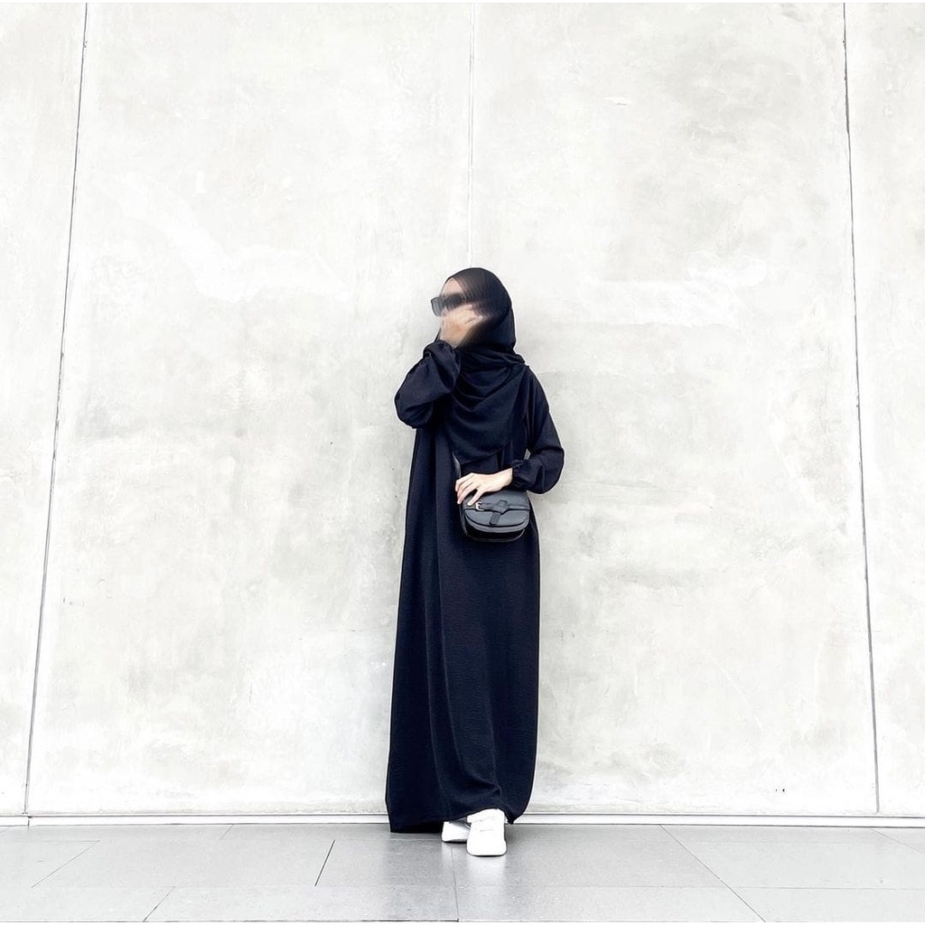 gamis crinkle polos lengan karet size S M L XL fashion muslim wanita terbaru RHINO DRESS
