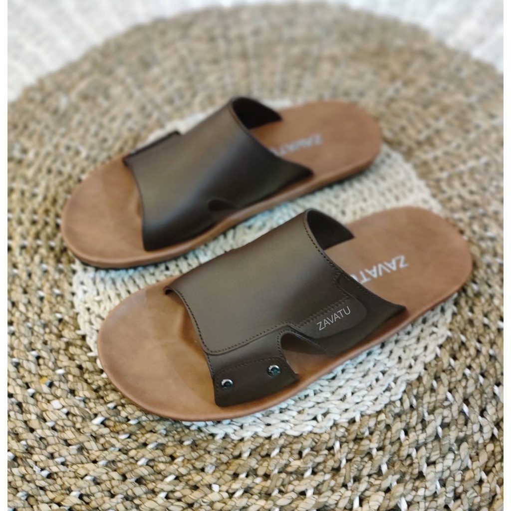 RONA sandal selop pria warna coklat bahan kulit sintesis ukuran big size 44 45 46 47 48 49 SANDAL PR