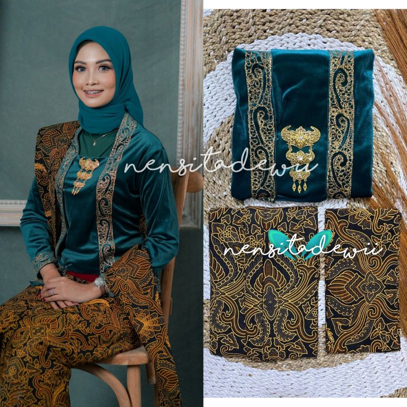 [1 Set, DH02B] Kebaya Bordir, Jarik Instan + Selendang Jarik / Nuansa Hijau Botol